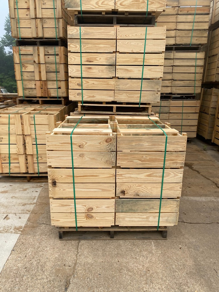 Custom sized crates are stacked at Valley Pallet and Crating manufacturing facility in Pine Mountain, Georgia.