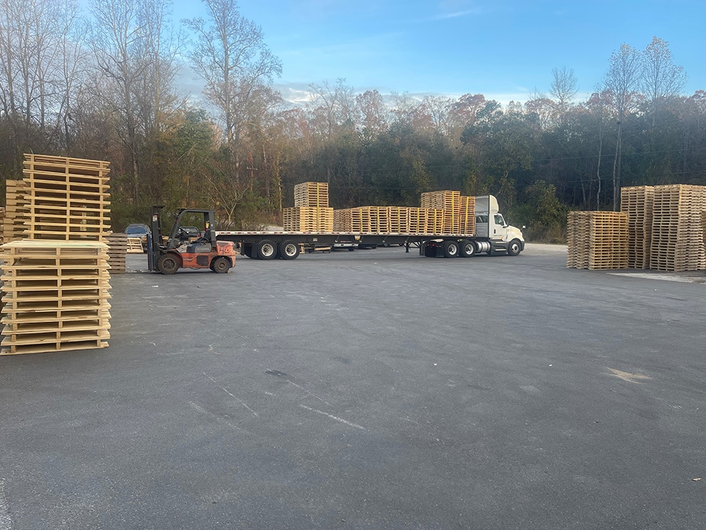 Pallets on a Valley Pallet and Crating delivery truck, ready to be delivered to clients.